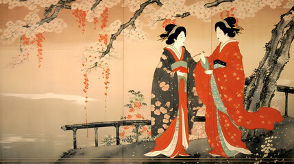 着物、イラスト、浮世絵、Kimono, Illustration, Ukiyo-e, Generative AI - obrazy, fototapety, plakaty