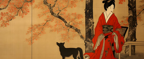 女性、犬、イラスト、浮世絵、
woman, dog, illustration, ukiyo-e, Generative AI