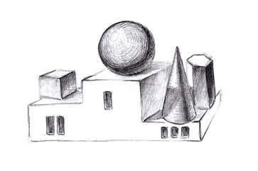 Abstract conceptual drawing on the theme of the perfection of geometric shapes. The first place is the ball, the second is cube. Hand drawn pencil sketch on paper texture. Isolated on white. Bitmap