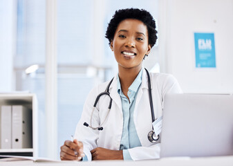 Medical, notebook and doctor with portrait of black woman for planning, schedule and research. Medicine, healthcare and report with employee writing in clinic for consulting, results and study
