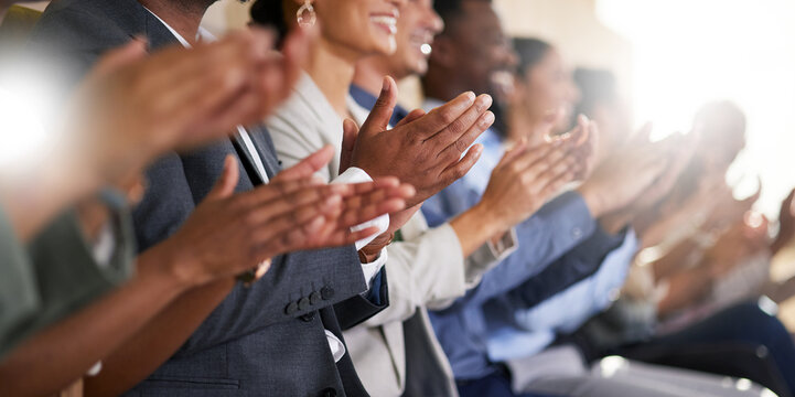 Conference, team of coworkers clapping hands for success and in boardroom of presentation with lens flare. Support, achievement and diverse group of people applauding together in business meeting