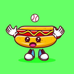 Vector illustration of kawaii hot dog cartoon character with baseball bat and ball. Vector eps 10