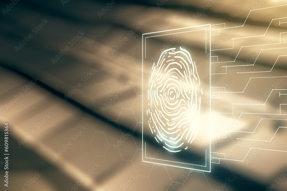 Poster multi exposure of virtual fingerprint scan interface on shiny metal background, digital access conce