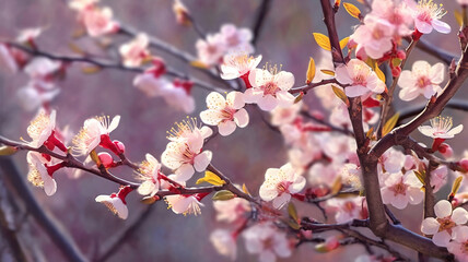 Fototapeta na wymiar Macro Cherry Blossom Tree Branch with Spring Blossom Flower in Bokeh Background. Generative AI