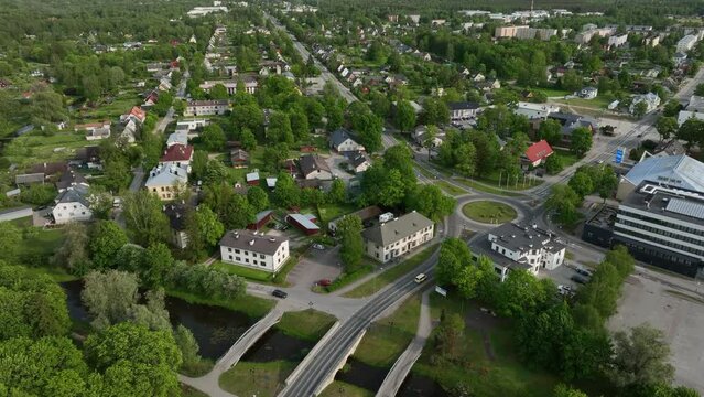 Aerial drone view of the city of Rapla, Estonia.