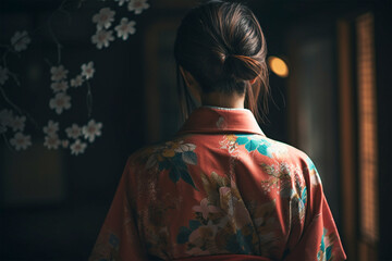 Back view of Asian woman in traditional Japanese Yukata garment. Generative AI illustration