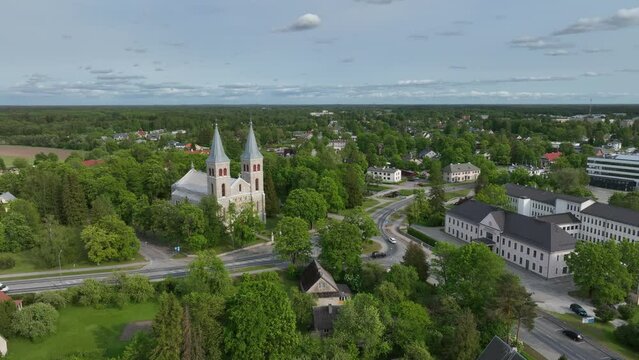Aerial view of Rapla city center with Maarja-Magdaleena Church which is the only rural church with two towers in Estonia.