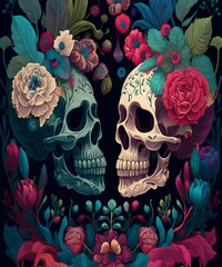 Skulls Multicolor Style with Flowers