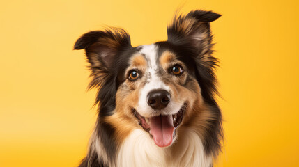 Fototapeta premium Cute happy dog headshot smiling on a bright vibrant background