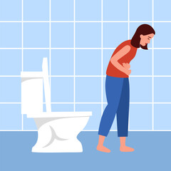 Woman with diarrhea symptom in flat design. - obrazy, fototapety, plakaty