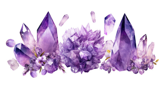 mystical amethyst crystals isolated on a transparent background for design layouts