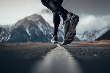 runner feet running on asphalt road with beautiful mountain background, Generative ai