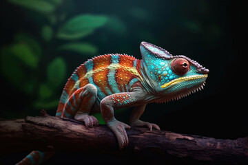 Close-up of bright chameleon on the branch on dark background, Generative AI - obrazy, fototapety, plakaty