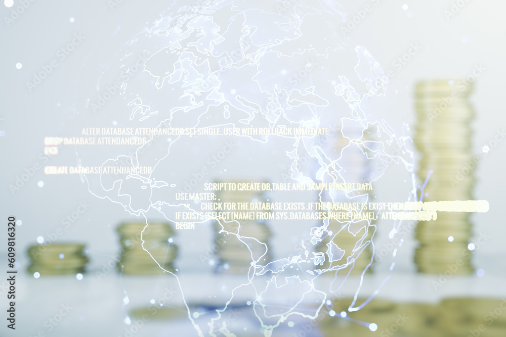 Poster multi exposure of abstract creative coding sketch and world map on stacks of coins background, artif
