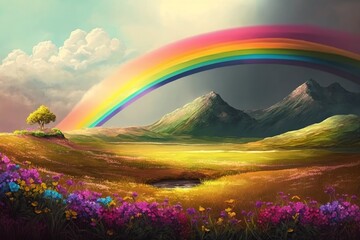 landscape of rainbow, rolling hills, countryside, spring flowers, Generative ai