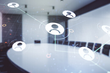 Abstract virtual social network concept on a modern conference room background. Multiexposure