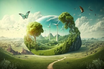 landscape image of Earth, windmills, green trees, butterflies eco friendly enviromen, Generative ai