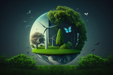 landscape image of Earth, windmills, green trees, butterflies eco friendly enviromen, Generative ai