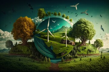 landscape image of Earth, windmills, green trees, Generative ai