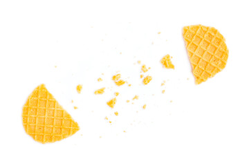 Broken crispy waffles isolated on white background, Homemade waffles