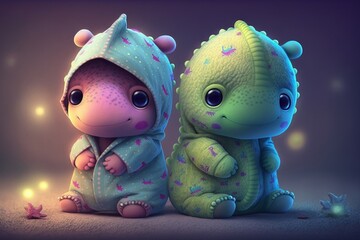 kawaii cute baby dinosaurs wearing pajamas,very charming eyes, Generative ai