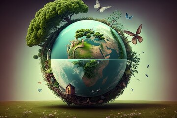 image of Earth, windmills, green trees, butterflies eco friendly enviroment, Generative ai