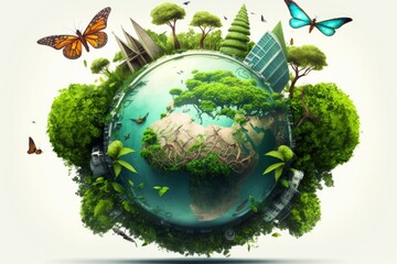 image of Earth, windmills, green trees, butterflies eco friendly enviroment, Generative ai