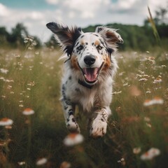 Happy dog running an d jumping through a meadow. generative ai