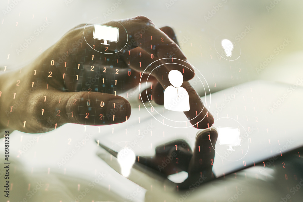 Poster social network media concept with finger presses on a digital tablet on background. double exposure