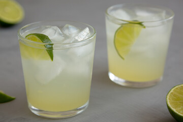Homemade Cold Refreshing Iced Limeade in a Glass, low angle view. Close-up.