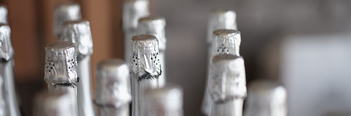 Fototapeta na wymiar Silver bottles of champagne in row in bar. Party celebration concept