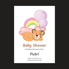 Cute baby shower watercolor invitation card for baby and kids new born celebration. elephant, bear 
