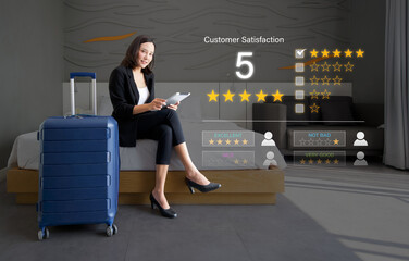 Businesswoman in suit rating to service experience on tablet computer, evaluate quality of service...