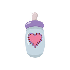 Vector single colorful image of a baby bottle. With cute heart pattern. In pastel colors. Hand draw style. On a white background. Stock illustration.