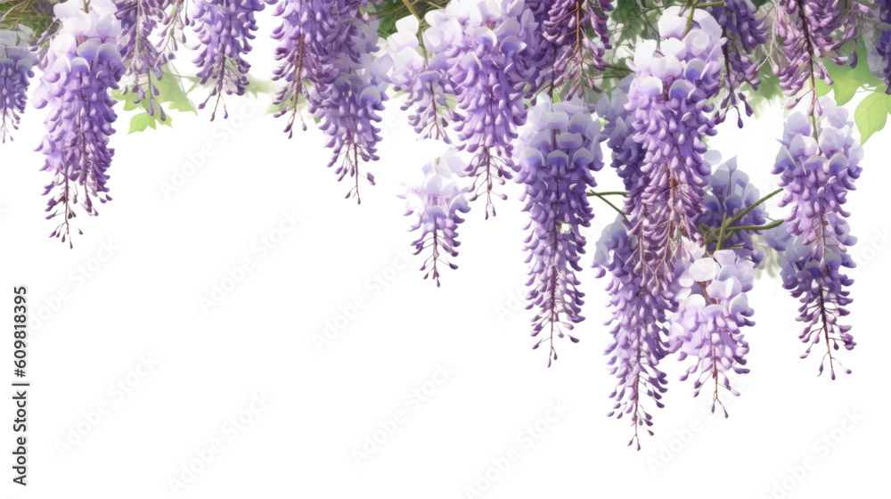 Wall mural cascading wisteria vines in full bloom isolated on a transparent background for design layouts