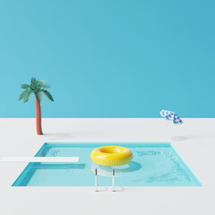 Front view swimming pool. Summer vacation concept. 3d rendering