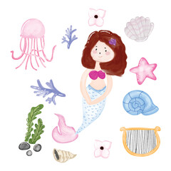Set of kawaii mermaid isolated on white background. Mermaid tail, seashells, crown, bubbles, coral and pearl on an isolated white background. Watercolor drawing. Watercolor Mermaid and Elements design