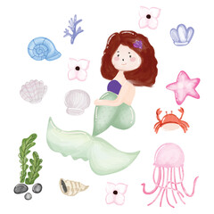 Set of kawaii mermaid isolated on white background. Mermaid tail, seashells, crown, bubbles, coral and pearl on an isolated white background. Watercolor drawing. Watercolor Mermaid and Elements design