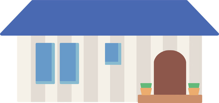 青い台形屋根のシンプルな平屋