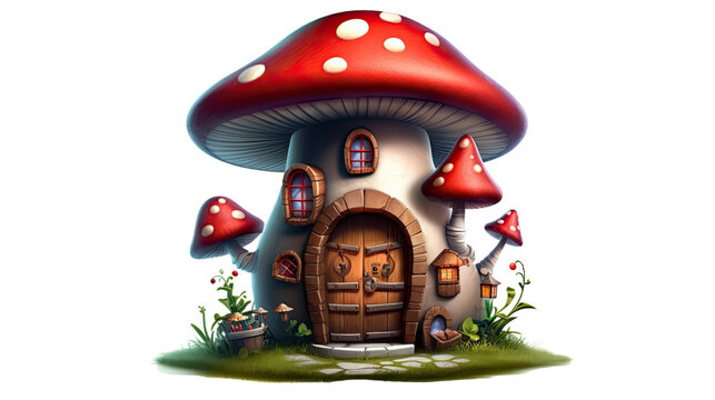 whimsical mushroom house with a cozy door isolated on a transparent background for design layouts
