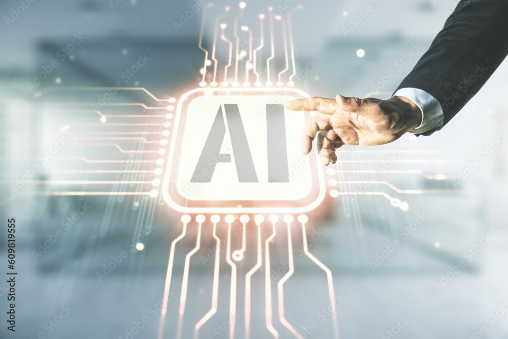 Aufkleber man hand working with abstract virtual artificial intelligence symbol hologram on blurred office bac