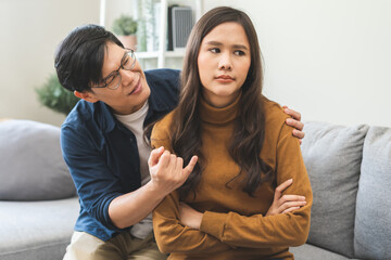Breakup and depressed, quarrel asian young couple love fight relationship in trouble, wife face...