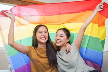 Happy lesbian, beautiful asian young two women, girl gay, couple love moment spending good time...