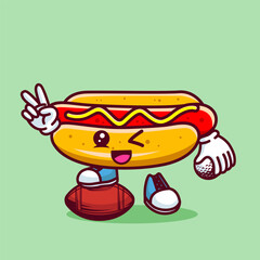 Vector illustration of kawaii hot dog cartoon character with stick golf and ball. Vector eps 10