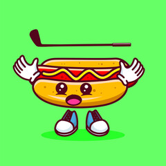 Vector illustration of kawaii hot dog cartoon character with stick golf and ball. Vector eps 10