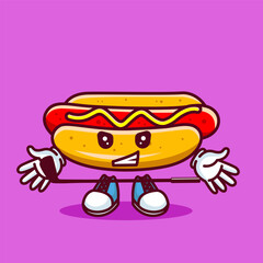 Vector illustration of kawaii hot dog cartoon character with stick golf and ball. Vector eps 10