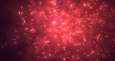 Abstract red energy particles and dots glowing flying sparks festive with bokeh effect and blur background