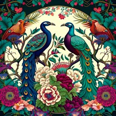 Exotic oriental pattern with peacocks and flowers generative Ai