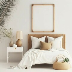Fototapeta na wymiar Home mockup bedroom interior background with rattan generative Ai