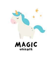 Magical unicorn. Cartoon style. Vector illustration. For card, posters, banners, children books, printing on the pack, printing on clothes, fabric, wallpaper, textile or dishes